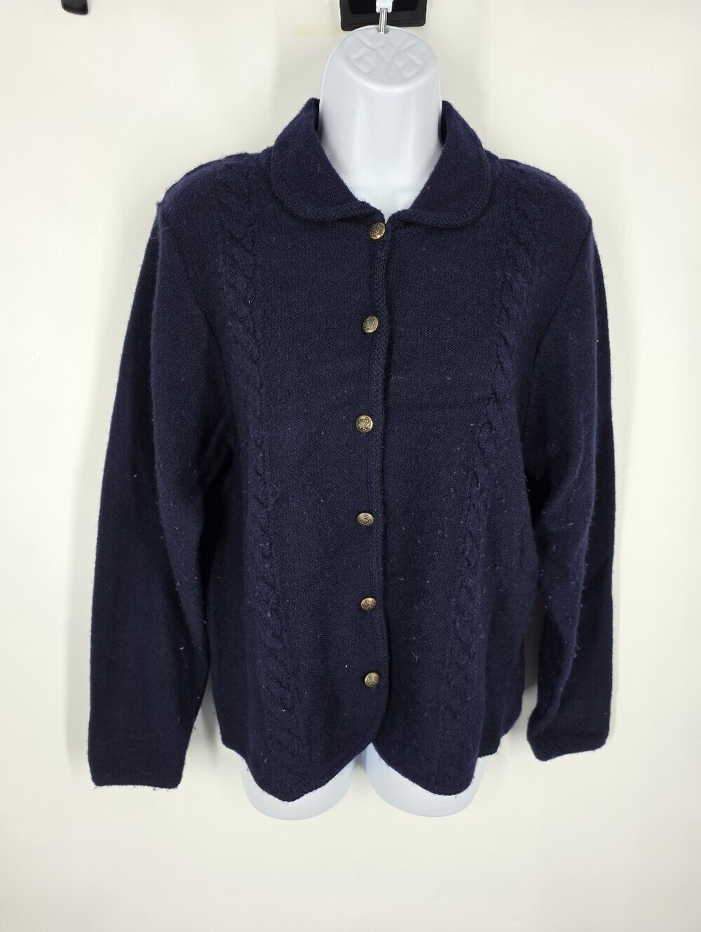 Vintage Koret Navy Blue 100% Wool Cable Knit Cardigan Sweater Small